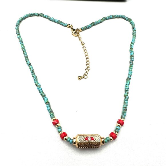 Turquoise & Red Coral Evil Eye Pendant Necklace 18K Gold Plated 16 to 18 Inch - Picture 5 of 5